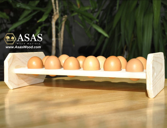 Egg holder wooden with dozen of eggs on the table