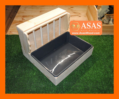 rabbit hay feeder with wooden side hay waste protection, litter box green and rabbit nibble water bottle and food bowl station combo