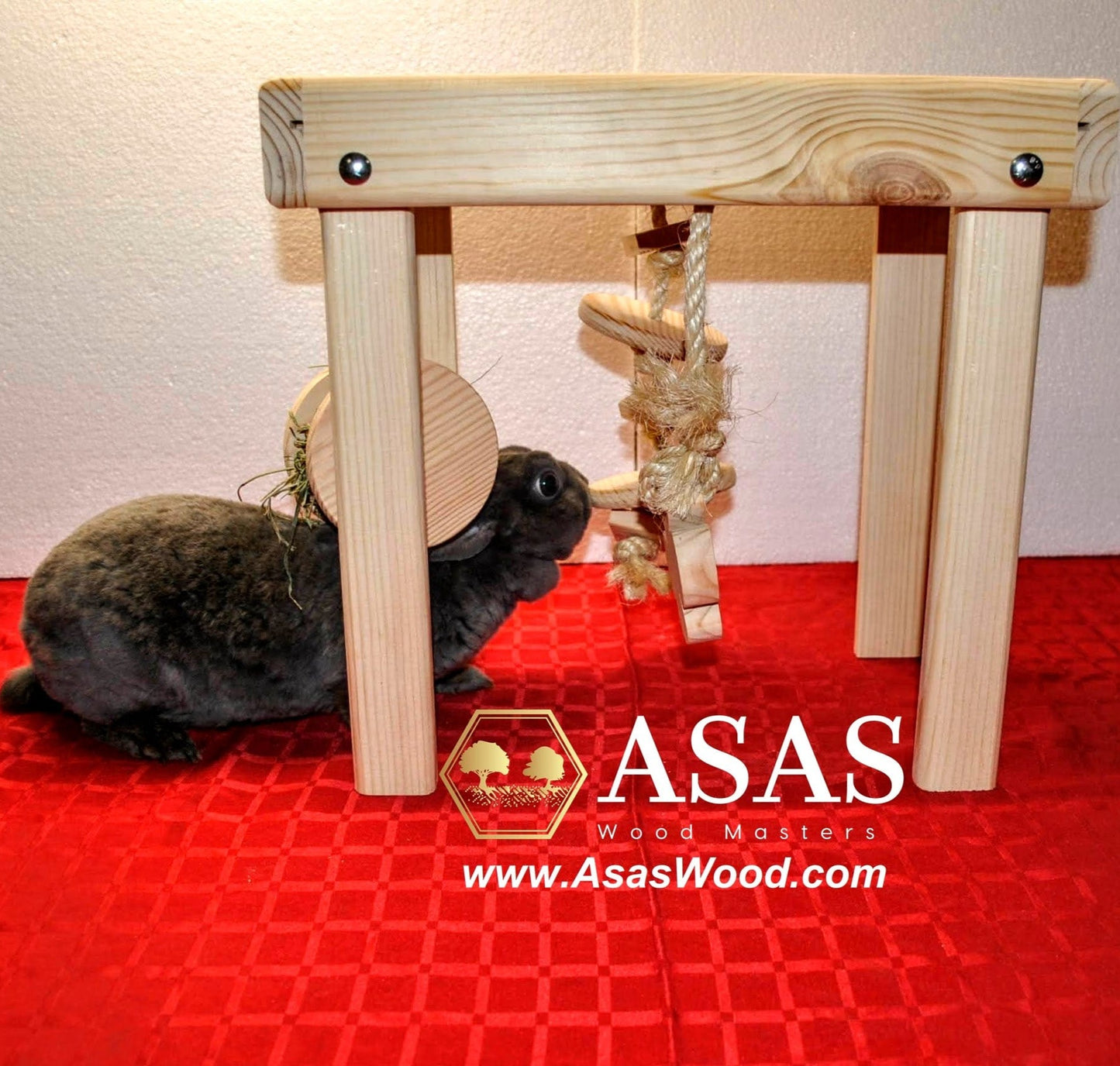 bunny rabbit is playing in activity zone, wooden play table