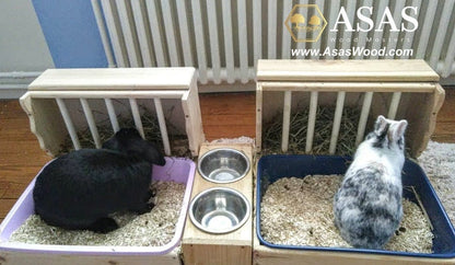 two nice bunnies sitting in the litter box, rabbit hay feeder with litter box and food bowls