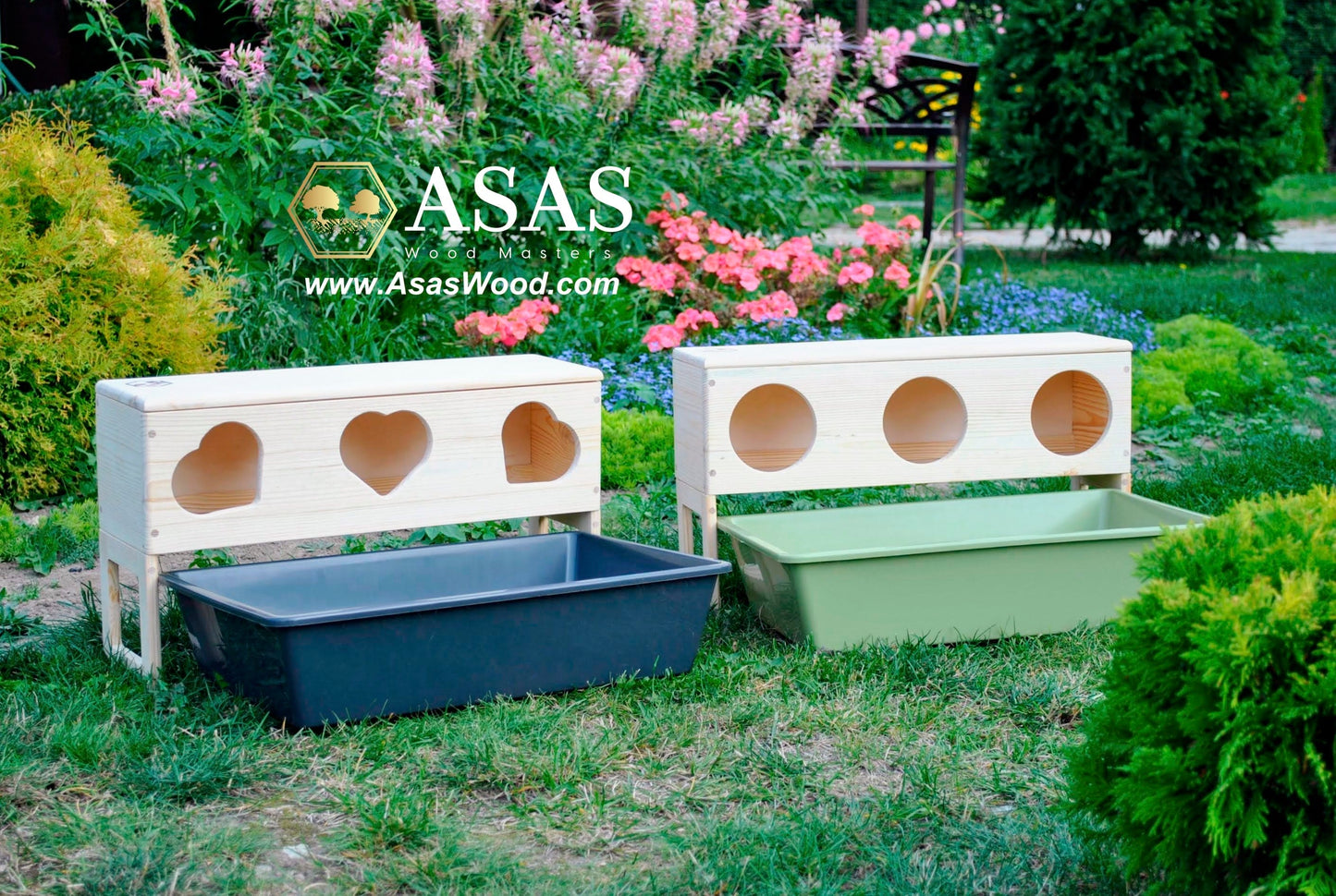 rabbit hay feeders with round and heart shape holes for hay, surrounded by flowers, made by asaswood
