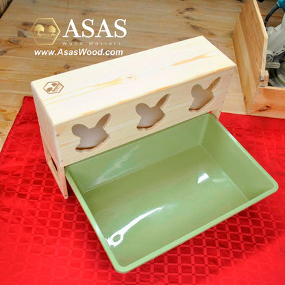 Rabbit shape holes, wooden rabbit hay feeder to slide over litter box, made by AsasWood