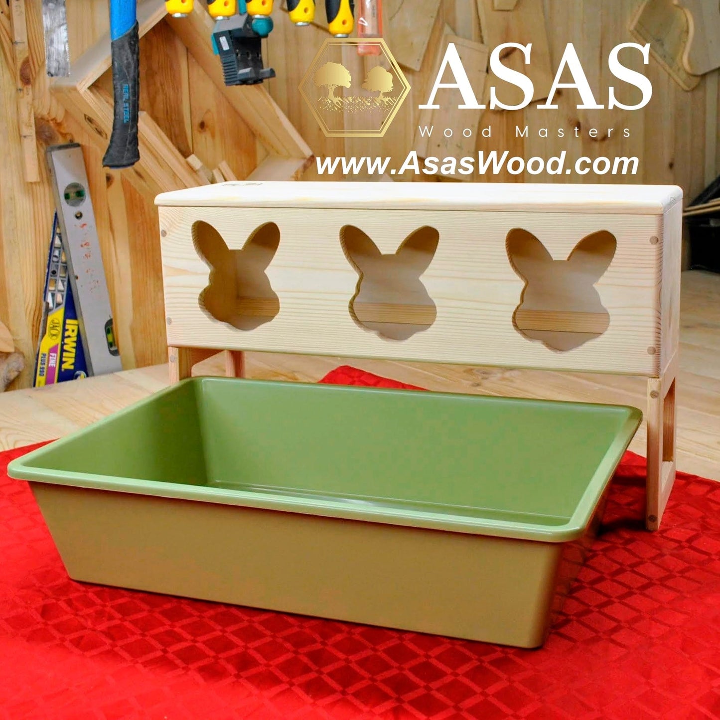 Rabbit shape holes, wooden rabbit hay feeder, made bby AsasWood