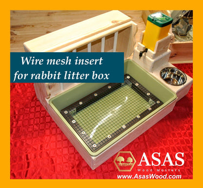 rabbit litter hay feeder with litter box and wire mesh insert, made by asaswood