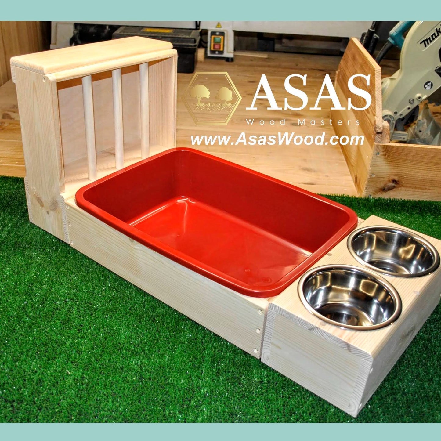 rabbit litter box with red litter pan and with hay feeder