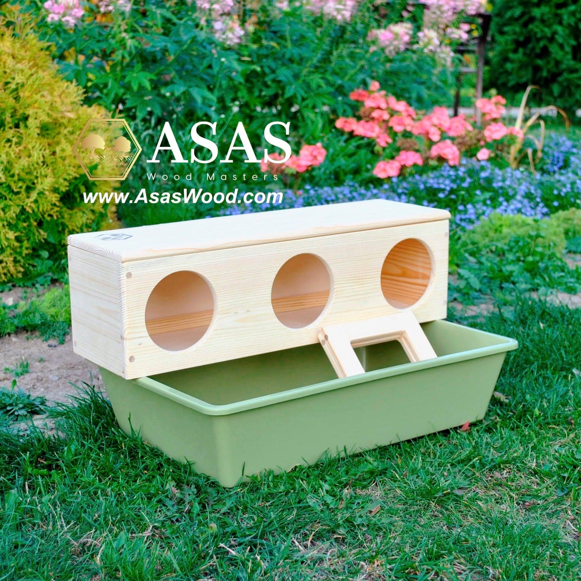 the best rabbit hay feeder, great construction, wooden, on the grass outside, made by asaswood