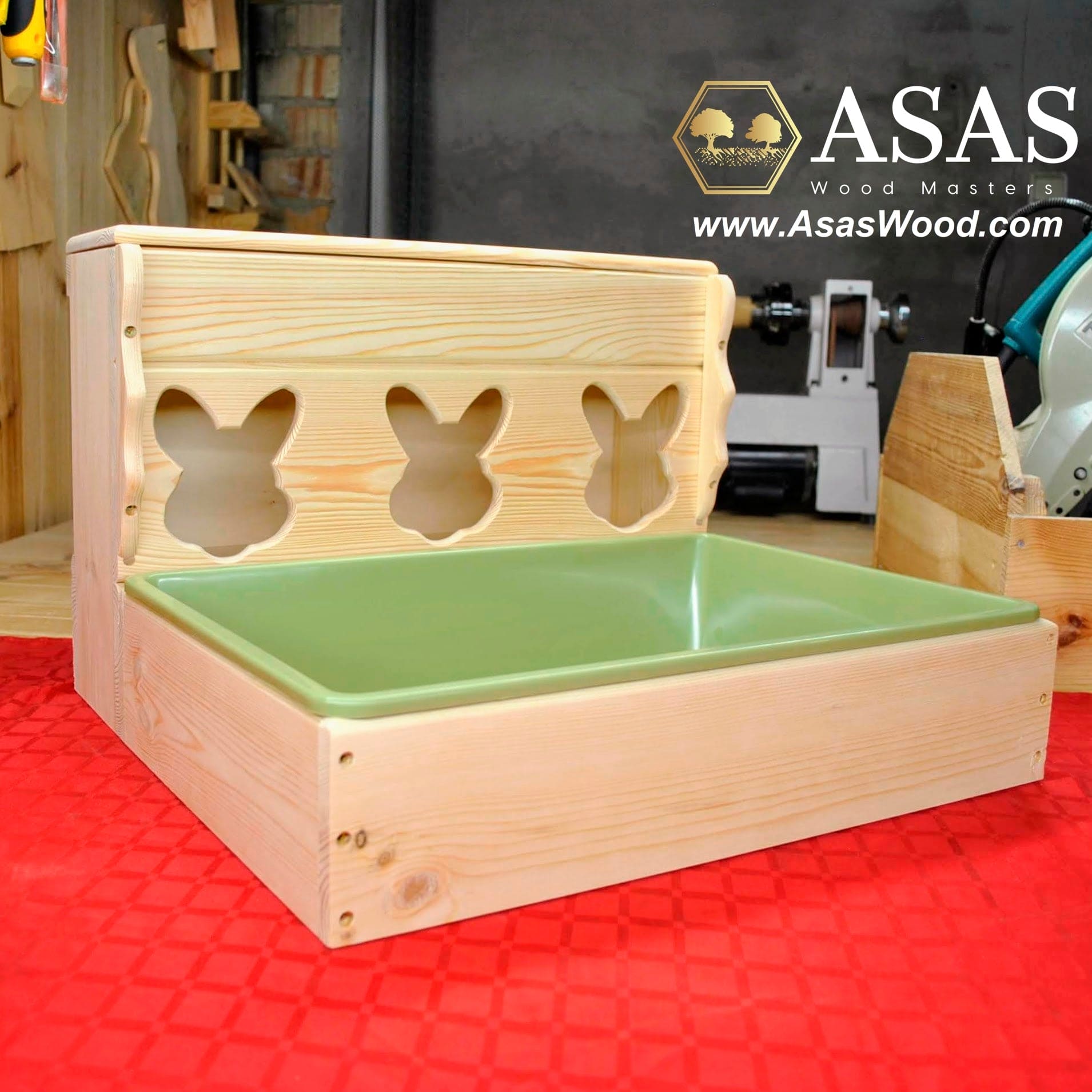 Best litter box for rabbits with hay feeder, bunny shape hole,  made by AsasWood