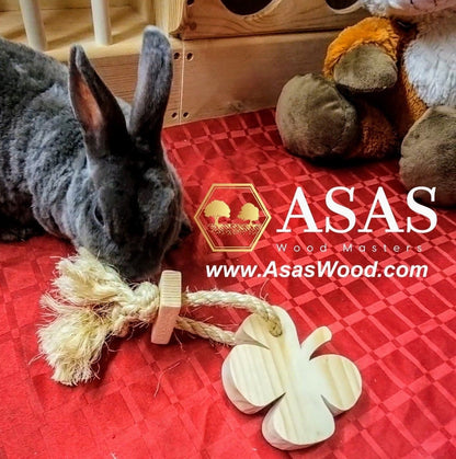 Rabbit toys, cute bunny is playing with wooden toy, made by asaswood