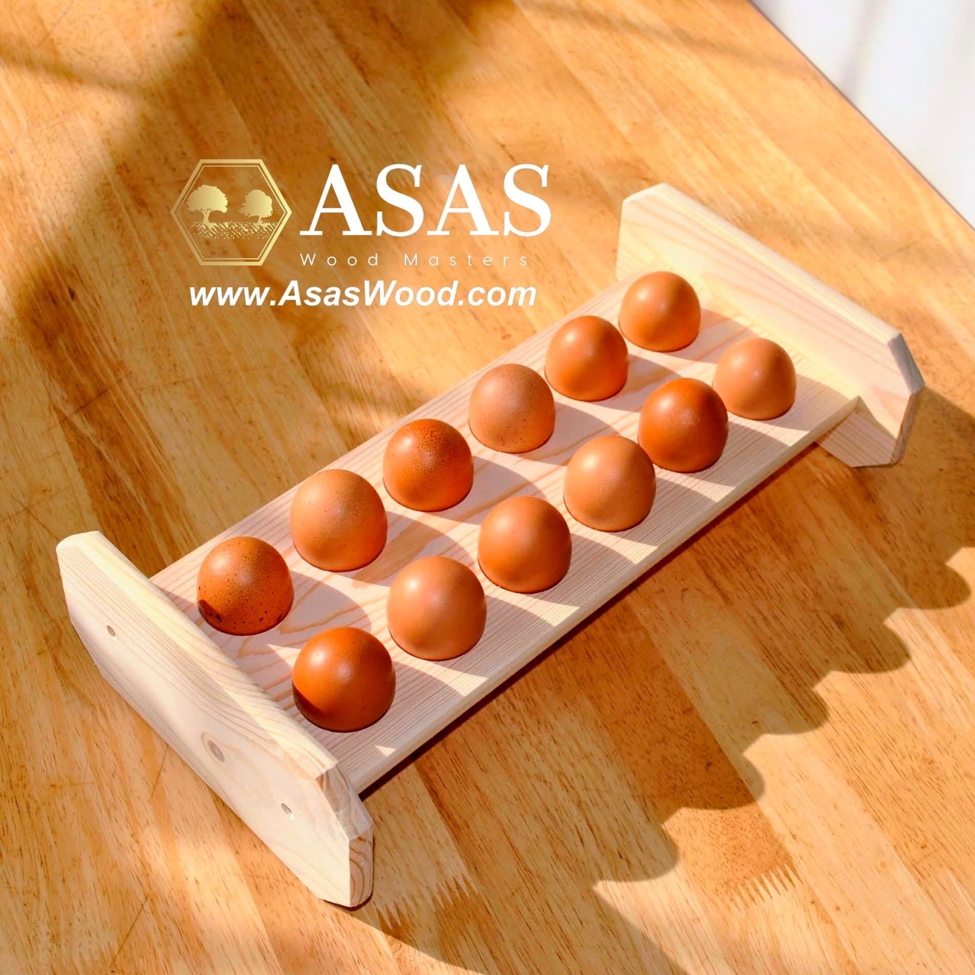 Wooden egg holder with eggs on the table, handmade, made by AsasWood