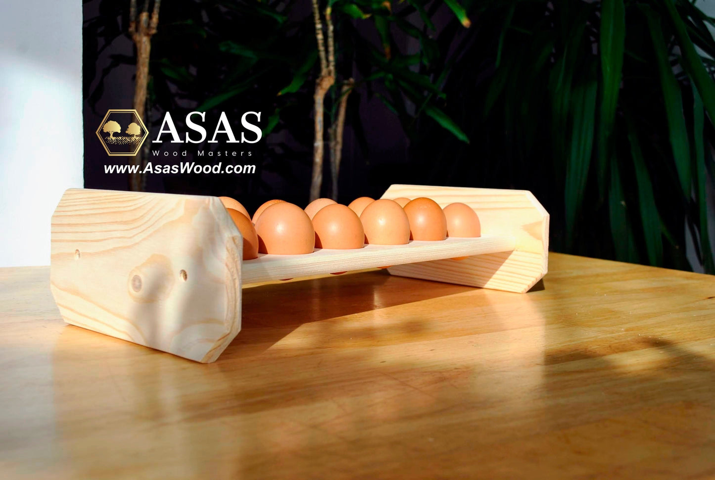 egg holder with dozen eggs on the table, made by AsasWood