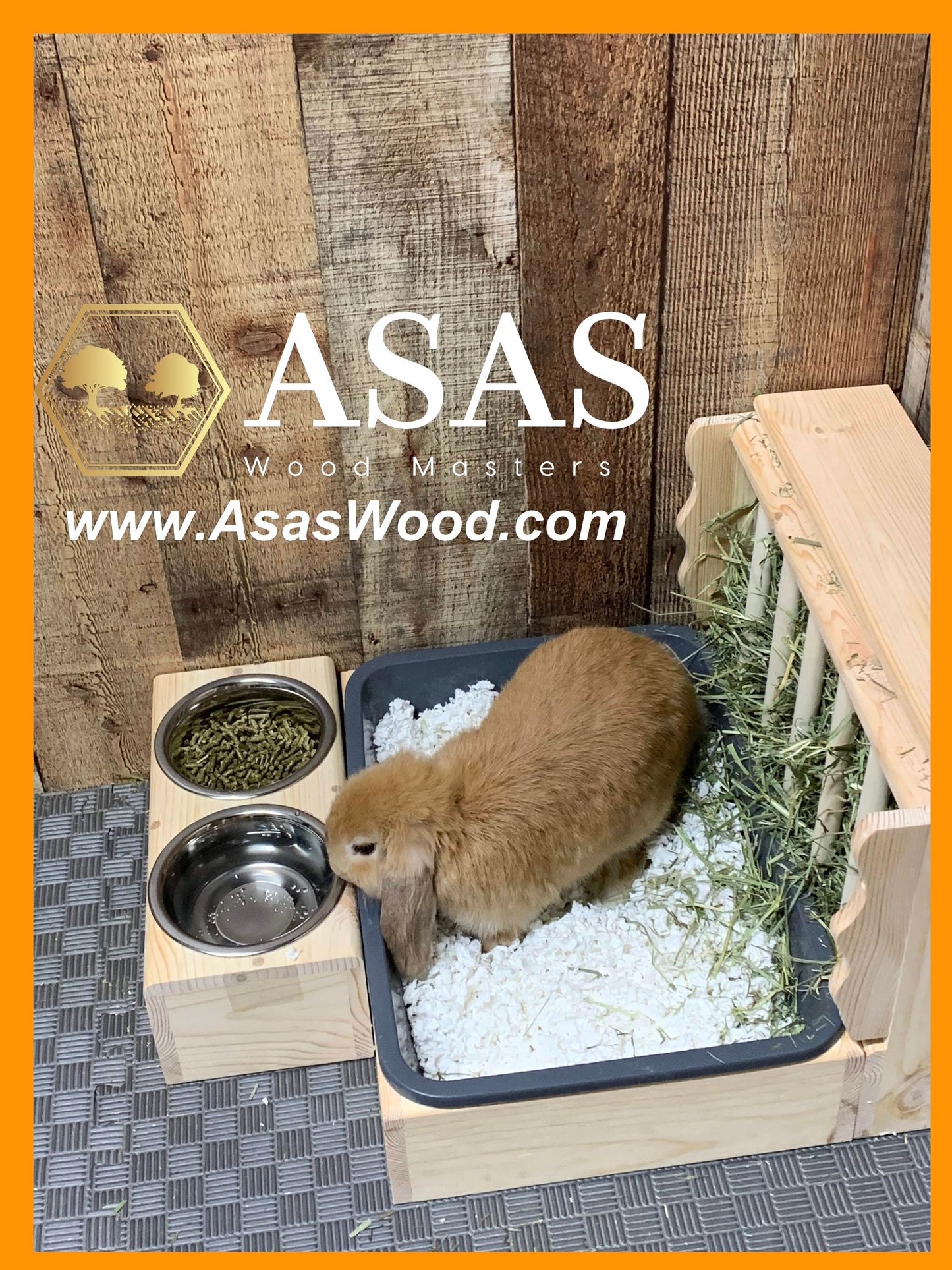 cute rabbit, rabbit litter box, bunny hay feeder and metal food and drink bowl station combo, made by asaswood