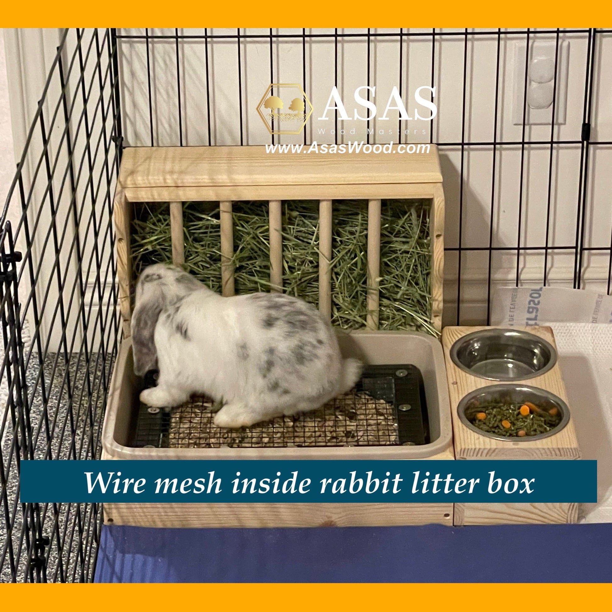 rabbit eating hay from rabbit litter hay feeder with litter box and wire mesh insert, made by asaswood