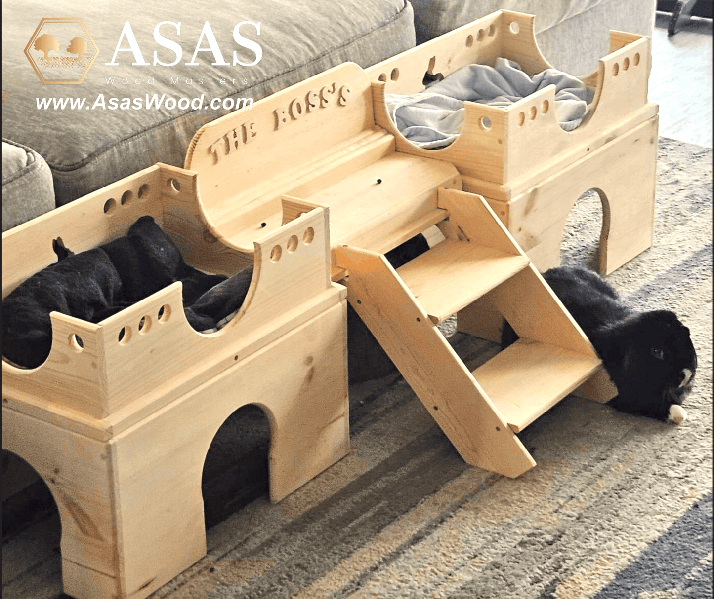 Rabbit castle made of real bunny safe wood and beautiful rabbit close by, made by AsasWood