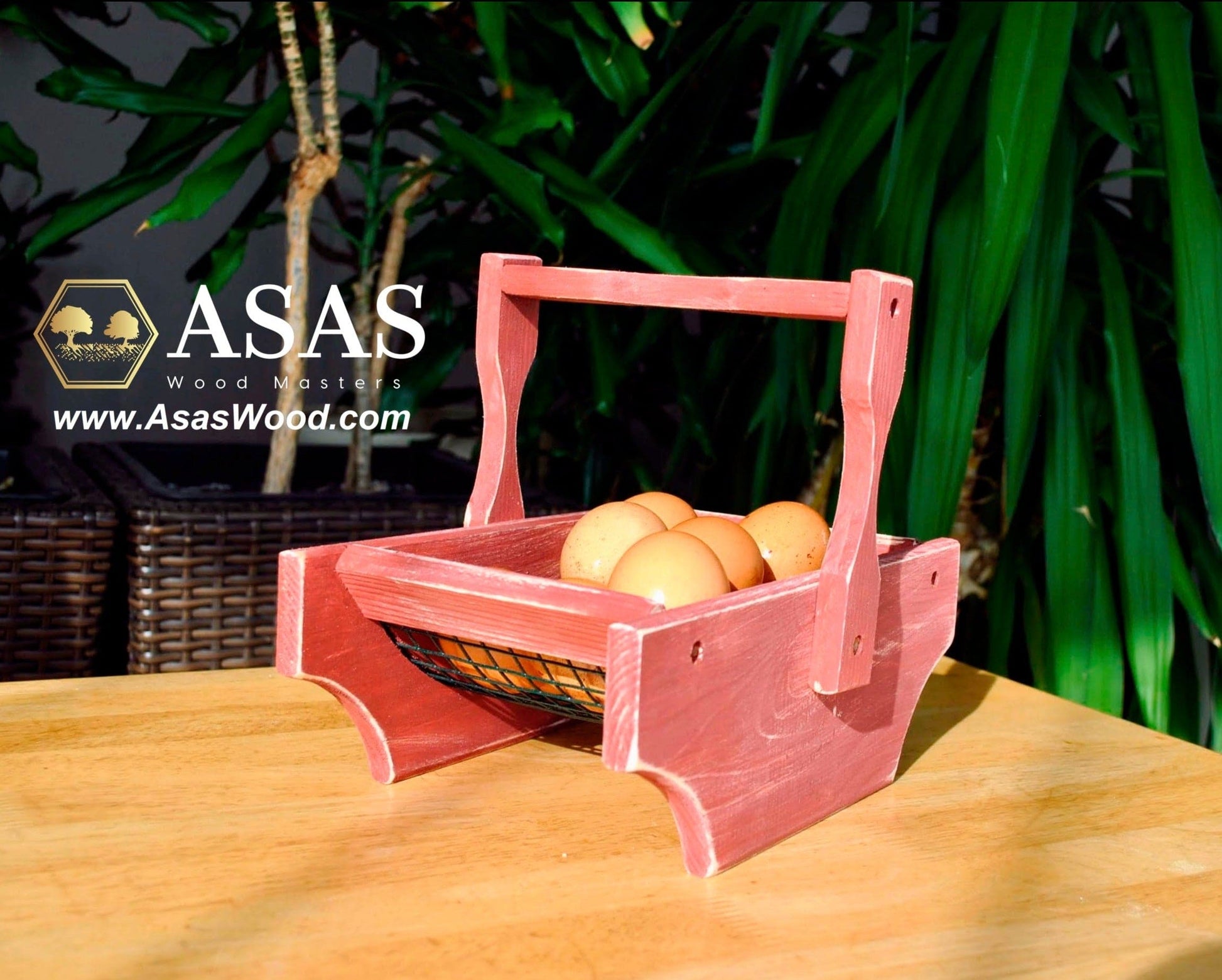 egg basket red aged color wooden, made by asaswood