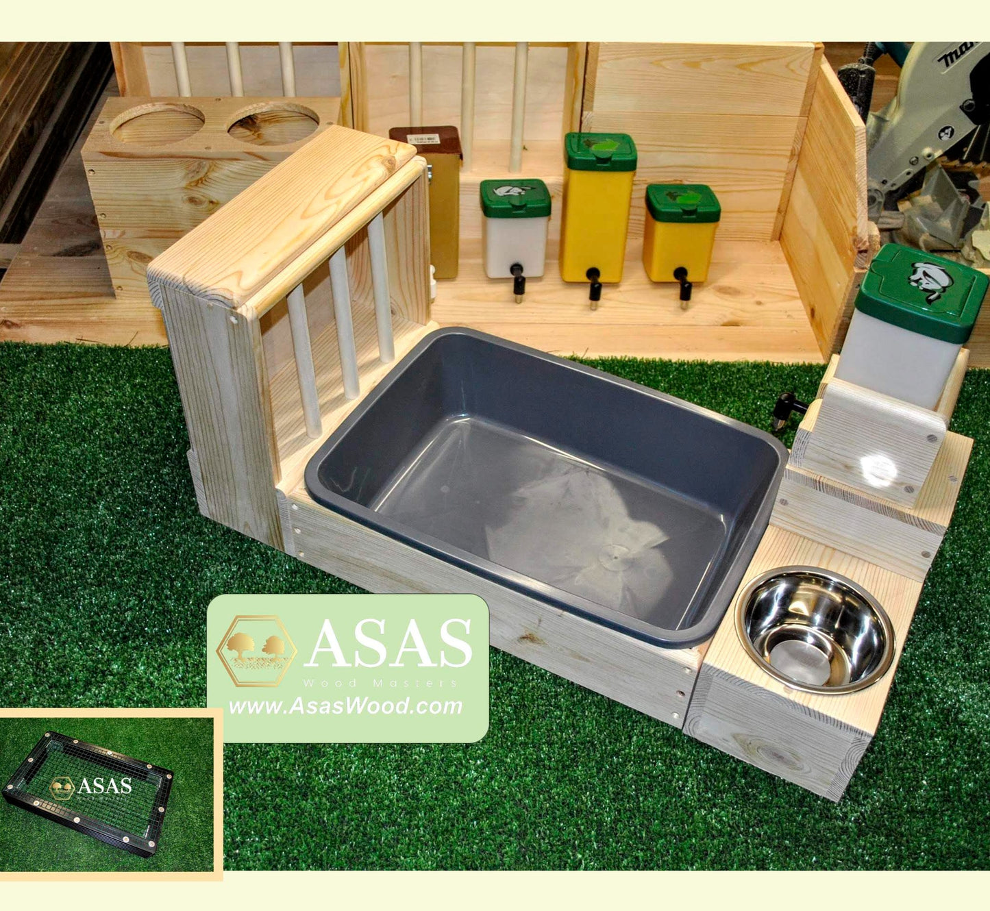 nipple bottle drink and food bowls station with hay feeder and litter box for pet rabbits
