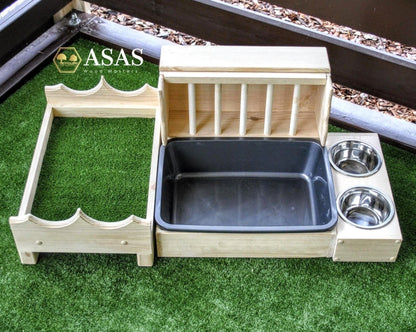 rabbit furniture set up, rabbit hay feeder with litter box and food drink bowls station, rabbit bed