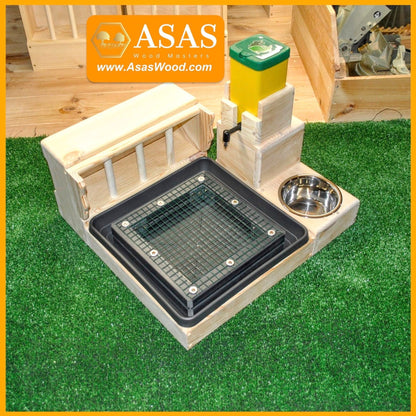 cute rabbit hay feeder with litter box, water bottle  and food bowl