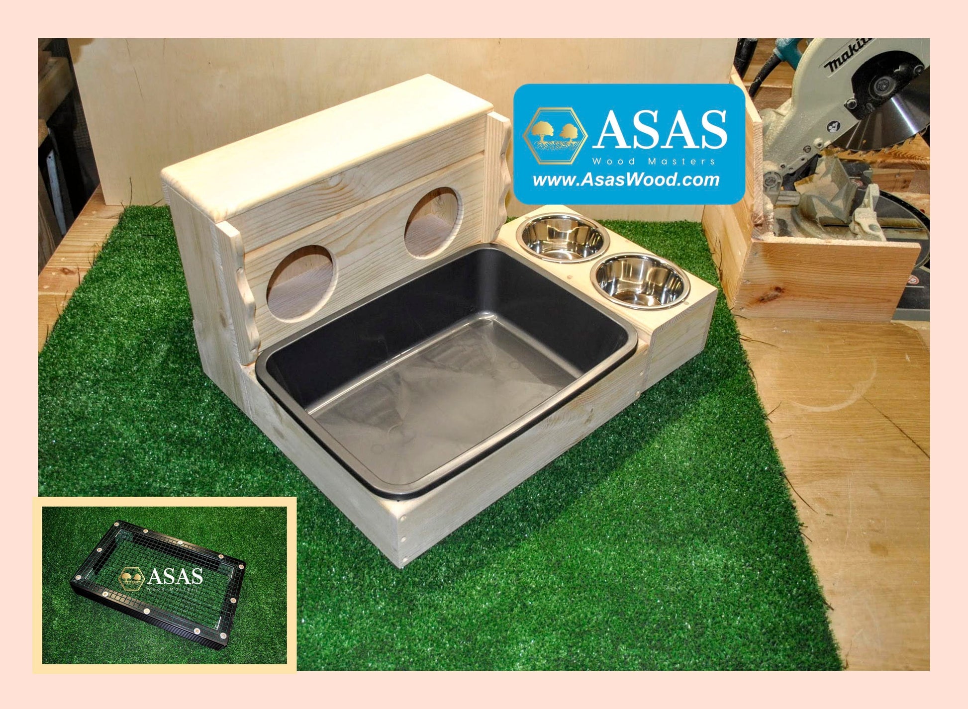 Wooden hay feeder with liter box for rabbit, wire mesh insert and food bowls, made by asaswood