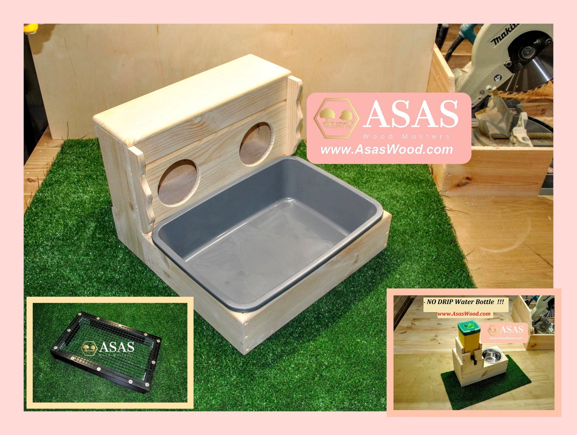 Wooden hay feeder with liter box for rabbit, made by asaswood