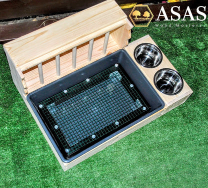 rabbit hay feeder with litter box and dish station, wire mesh insert in the litter box, made by asaswood, grey litter tray