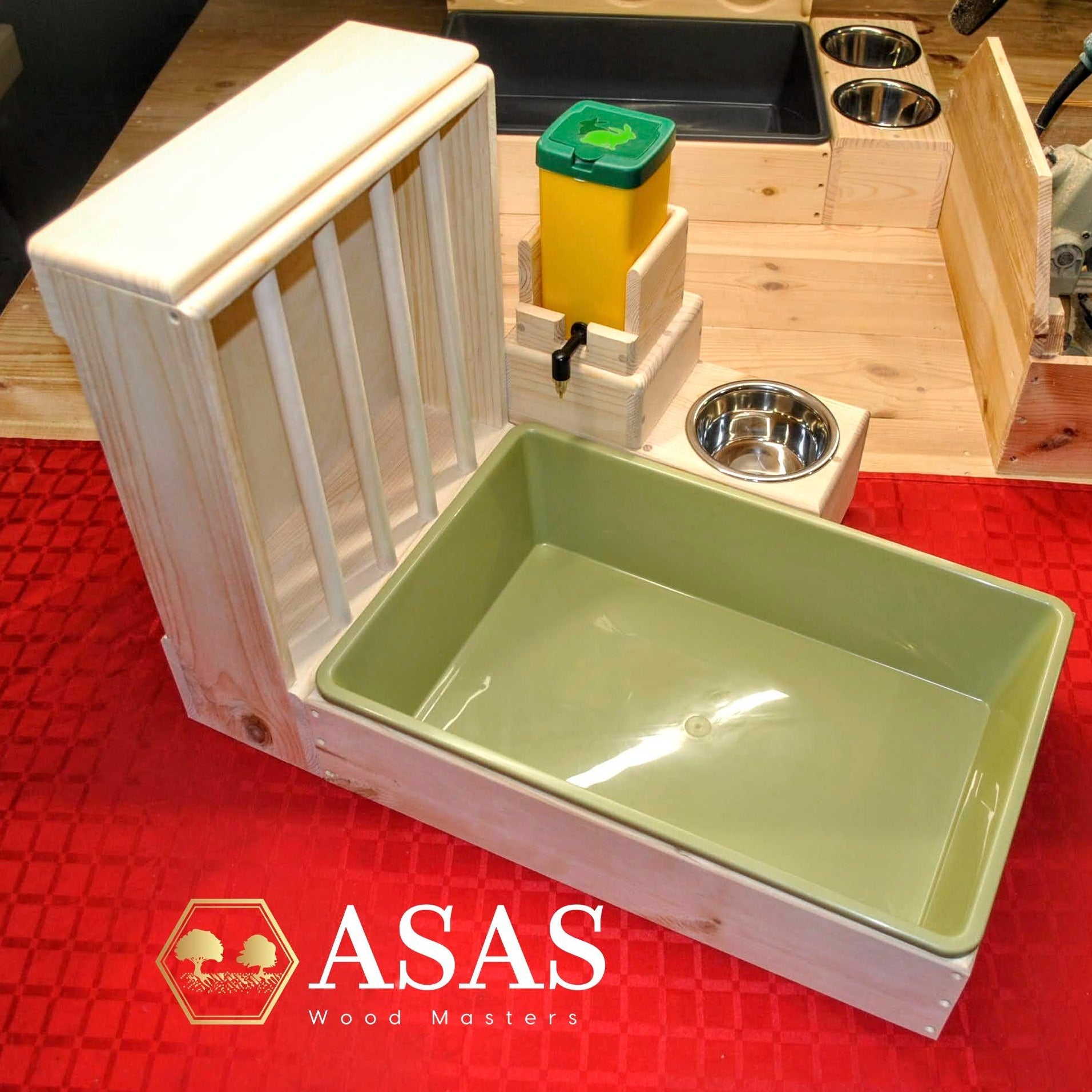 the best rabbit litter box with hay feeder and water bottle food bowl station combination, made by asaswood