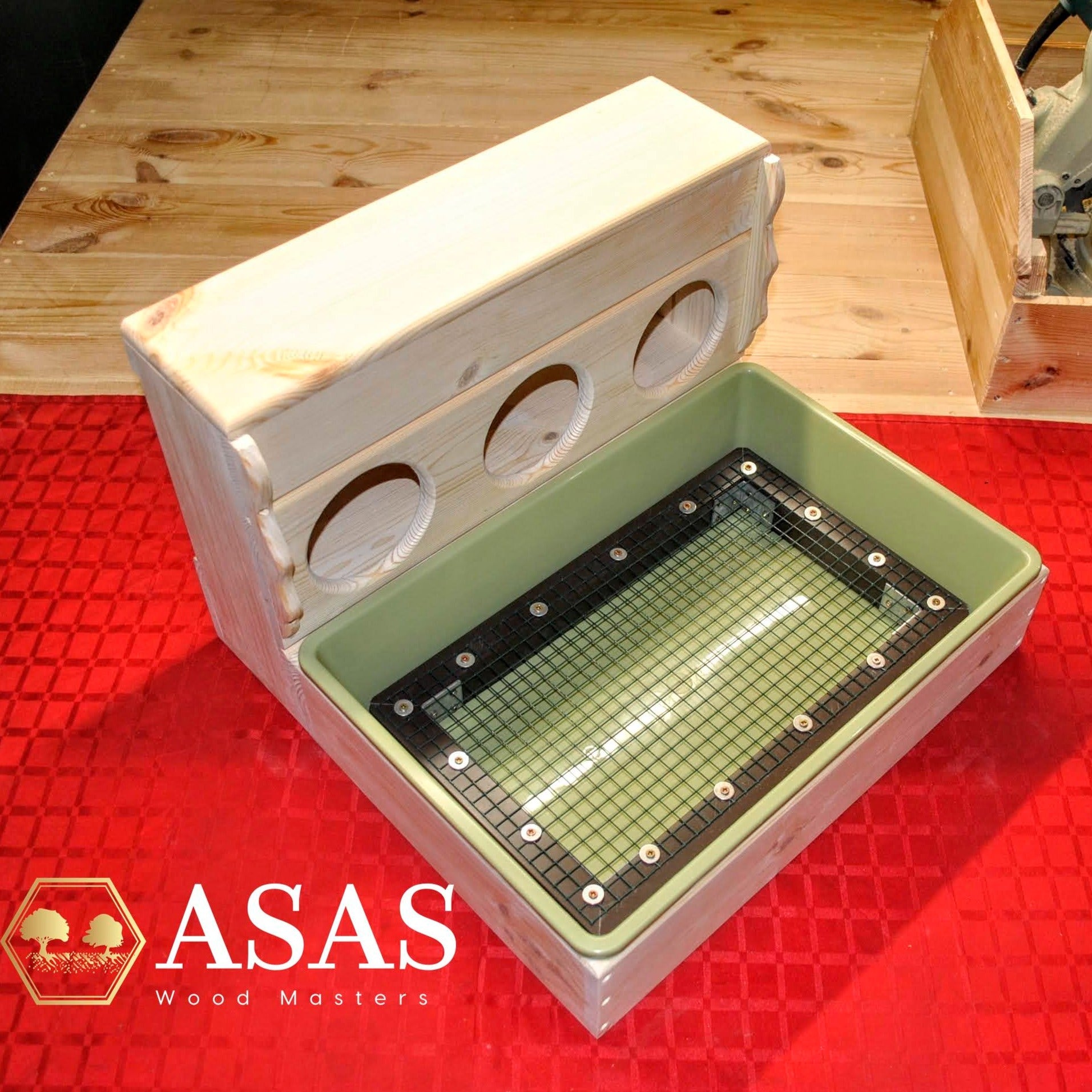 rabbit hay feeder with holes, litter box, food and water bottle station, made by asaswood