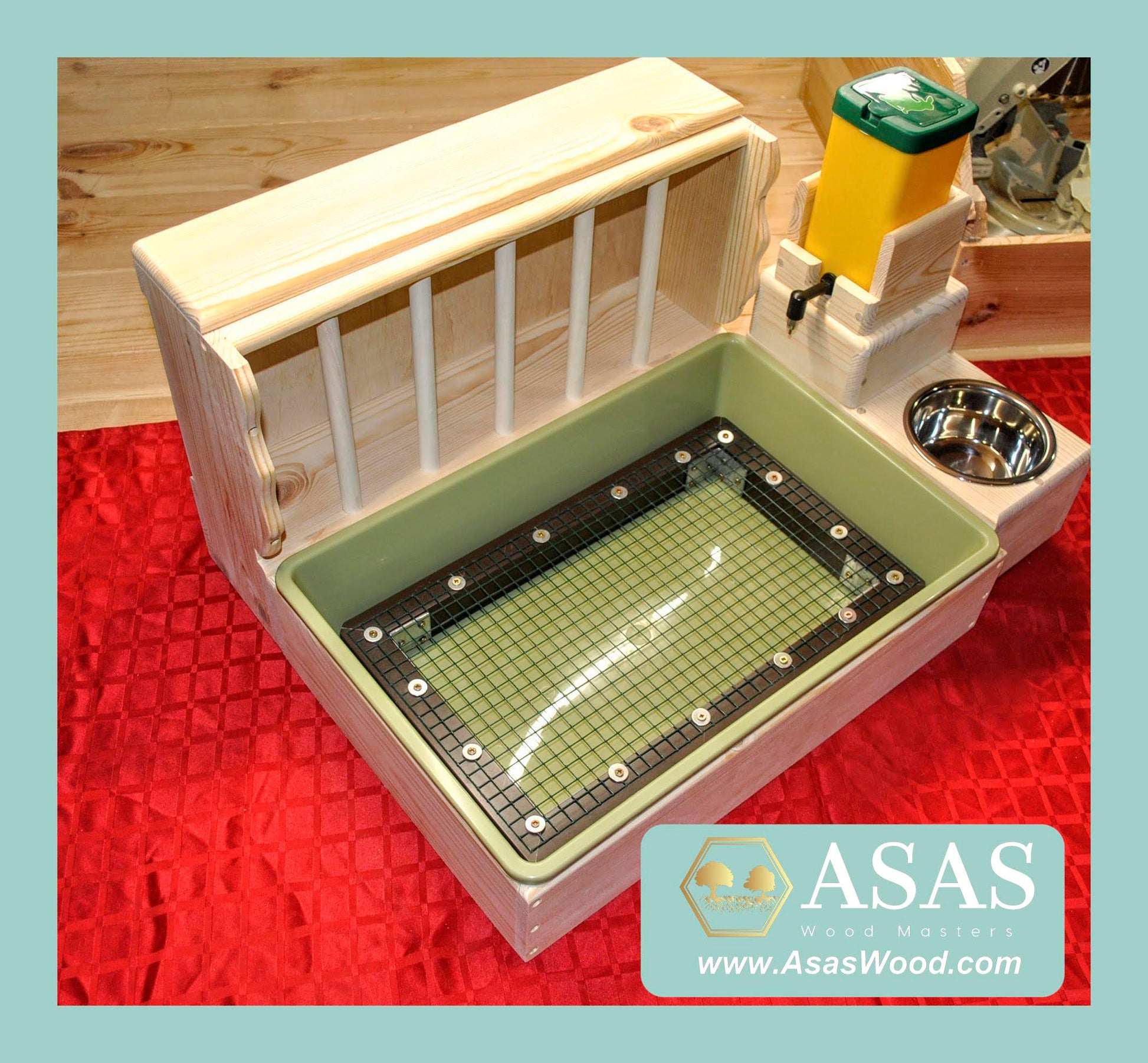 rabbit hay feeder with litter box and wire mesh insert, made by asaswood