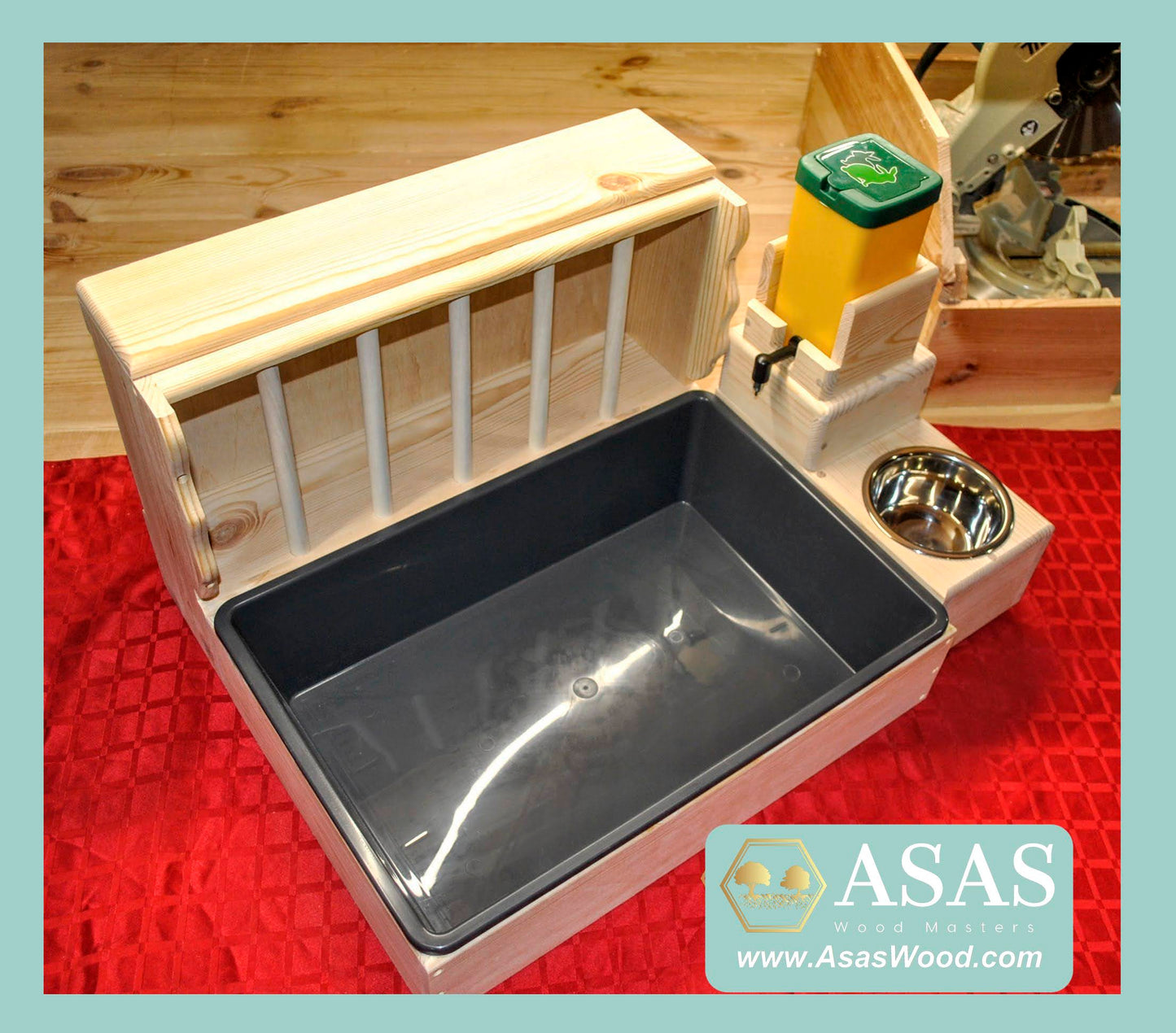 rabbit hay feeder with litter box and rabbit water bottle, food dish,, made by asaswood
