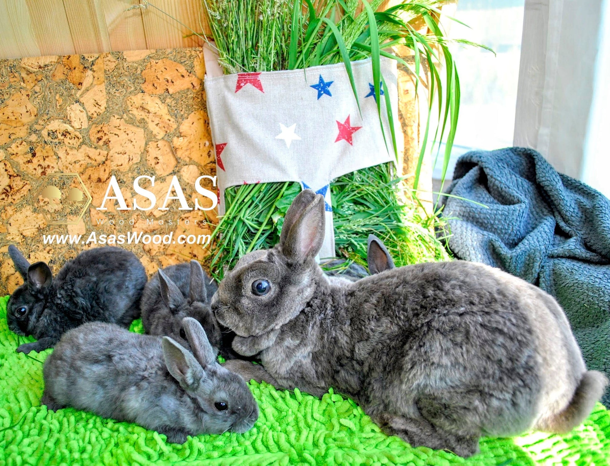 rabbit hay bag surrounded by rabbit family, made by asaswood