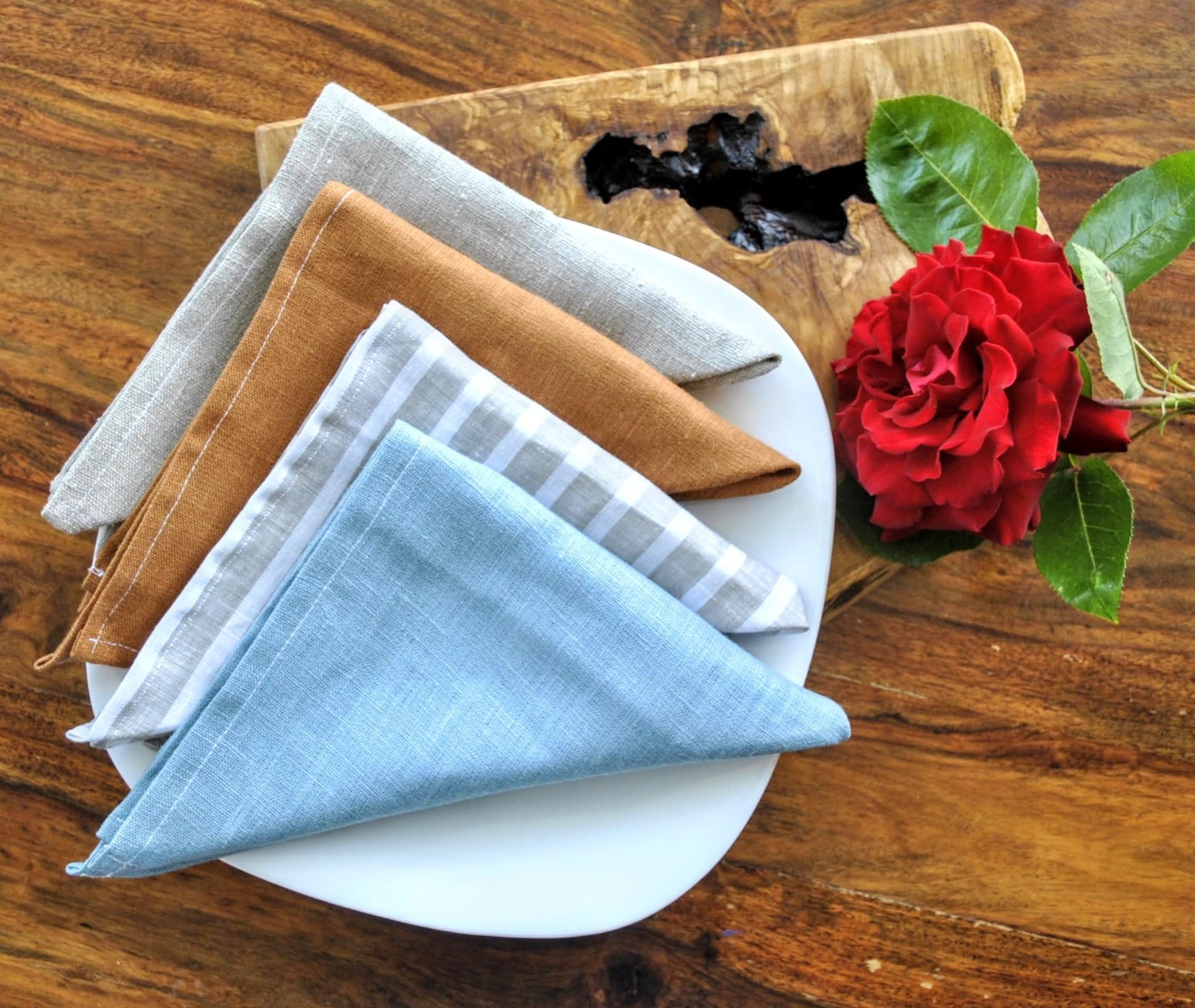 Linen napkin, set of four, handmade, rustic with rose flower on the table