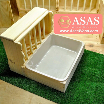 rabbit litter box with sand color litter pan, bunny hay feeder