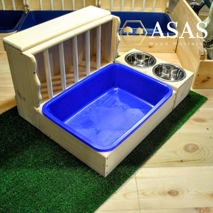 bunny hay feeder with litter box wooden and food drink bowls