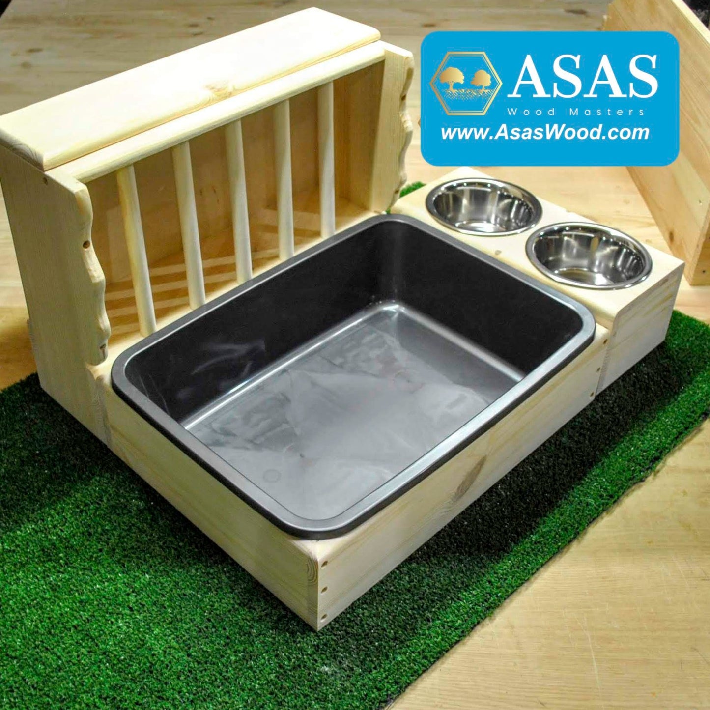 wooden bunny rabbit handmade hay feeder with litter box and food drink bowls