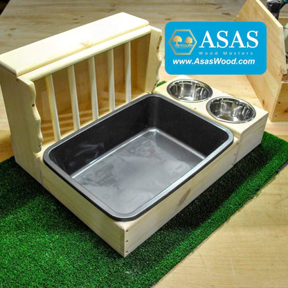 rabbit litter box with hay feeder and food bowls