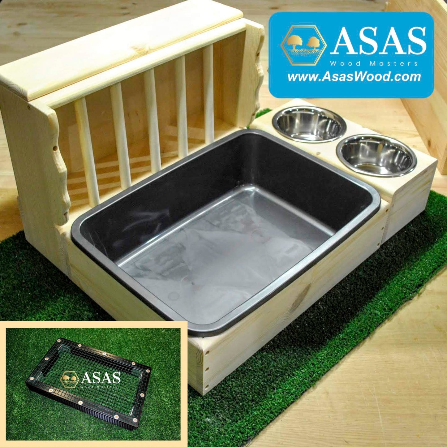 rabbit litter box with hay feeder and food bowls, wire mesh insert