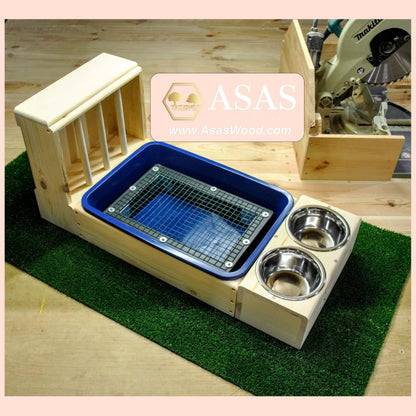 rabbit hay feeder with litter box and food drink bowls and wire mesh grid