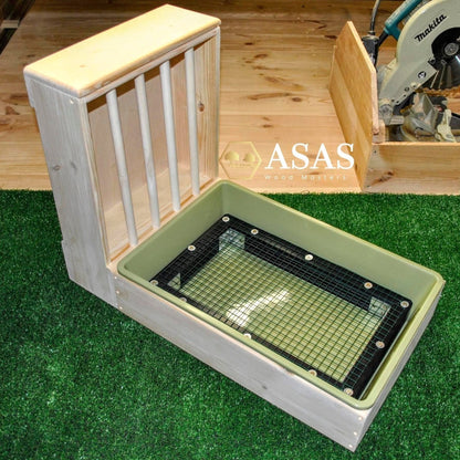 rabbit litter box with green litter pan large with wire mesh insert and wooden rabbit hay feeder, made by asaswood