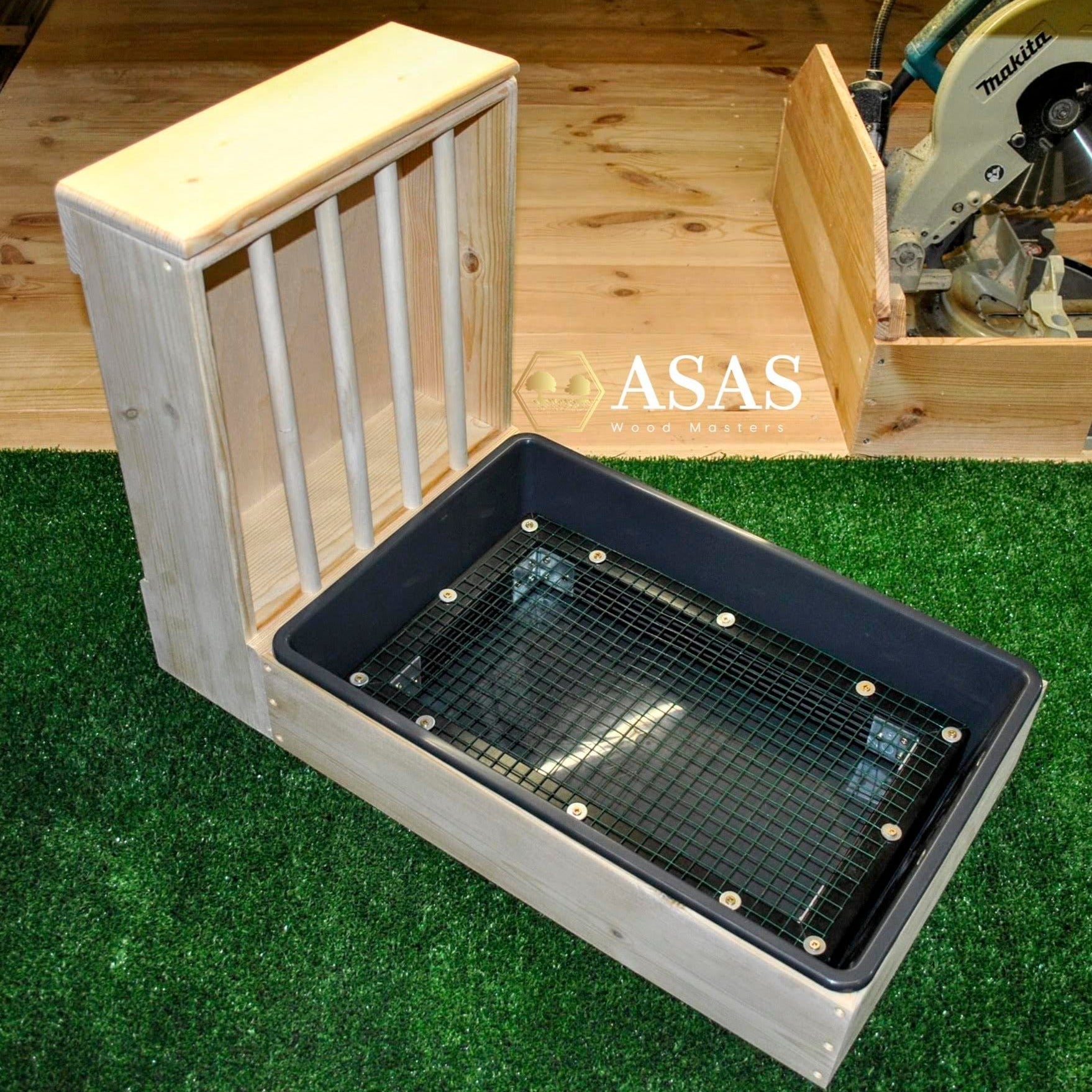 rabbit litter box large with wire mesh insert and wooden rabbit hay feeder, made by asaswood