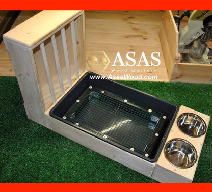 rabbit litter box with grate and hay feeder, food bowls station, on green cover, made by AsasWood