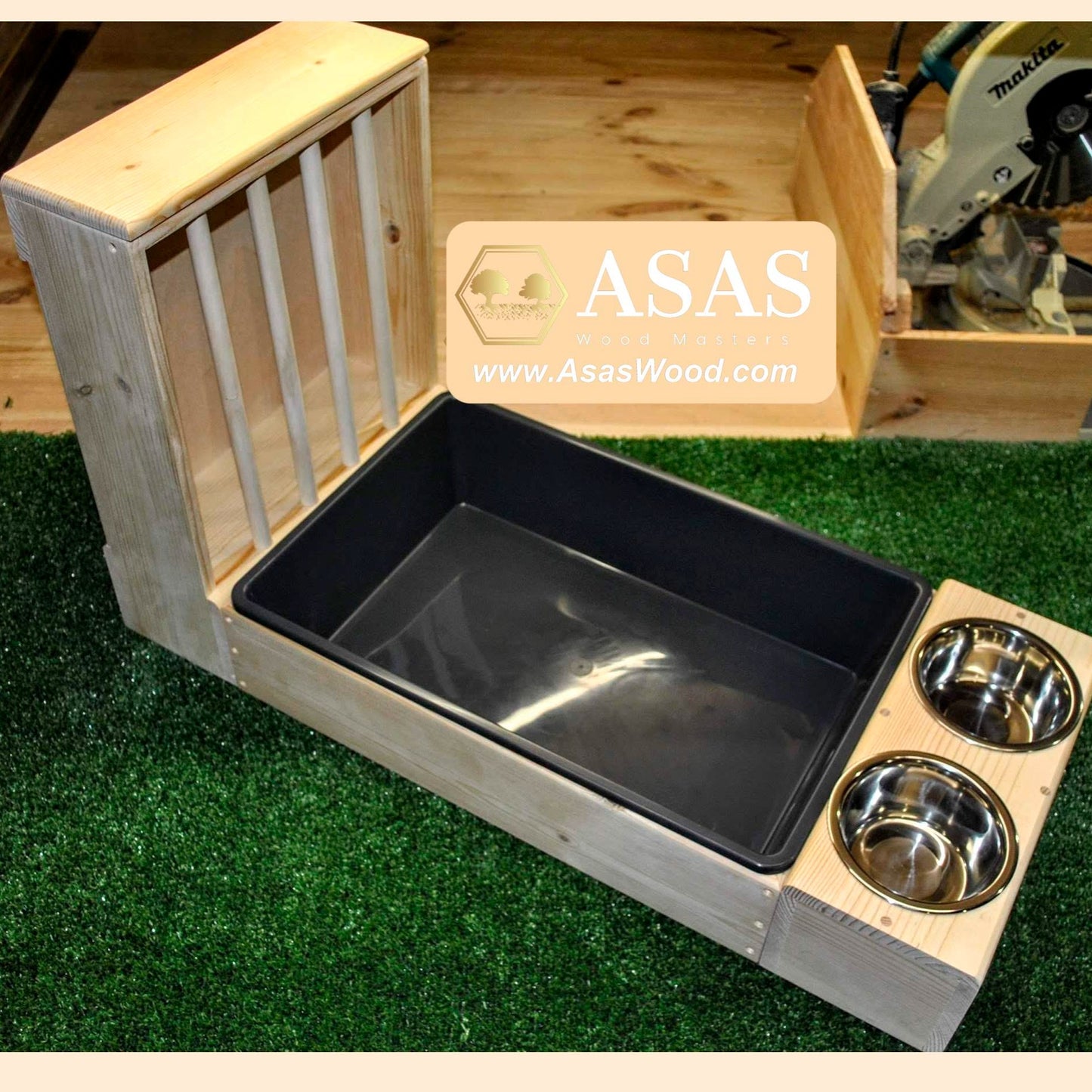 Rabbit hay feeder with litter box and food bowls