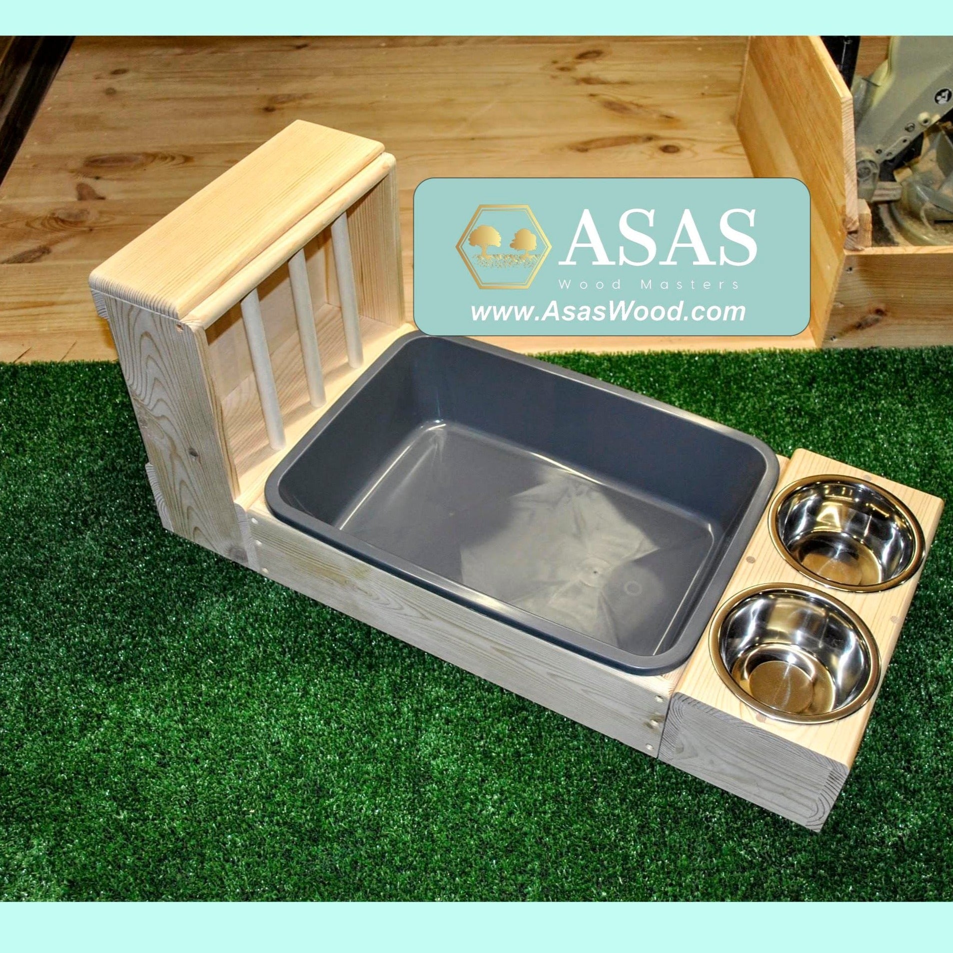 rabbit hay feeder with litter box and food drink bowls