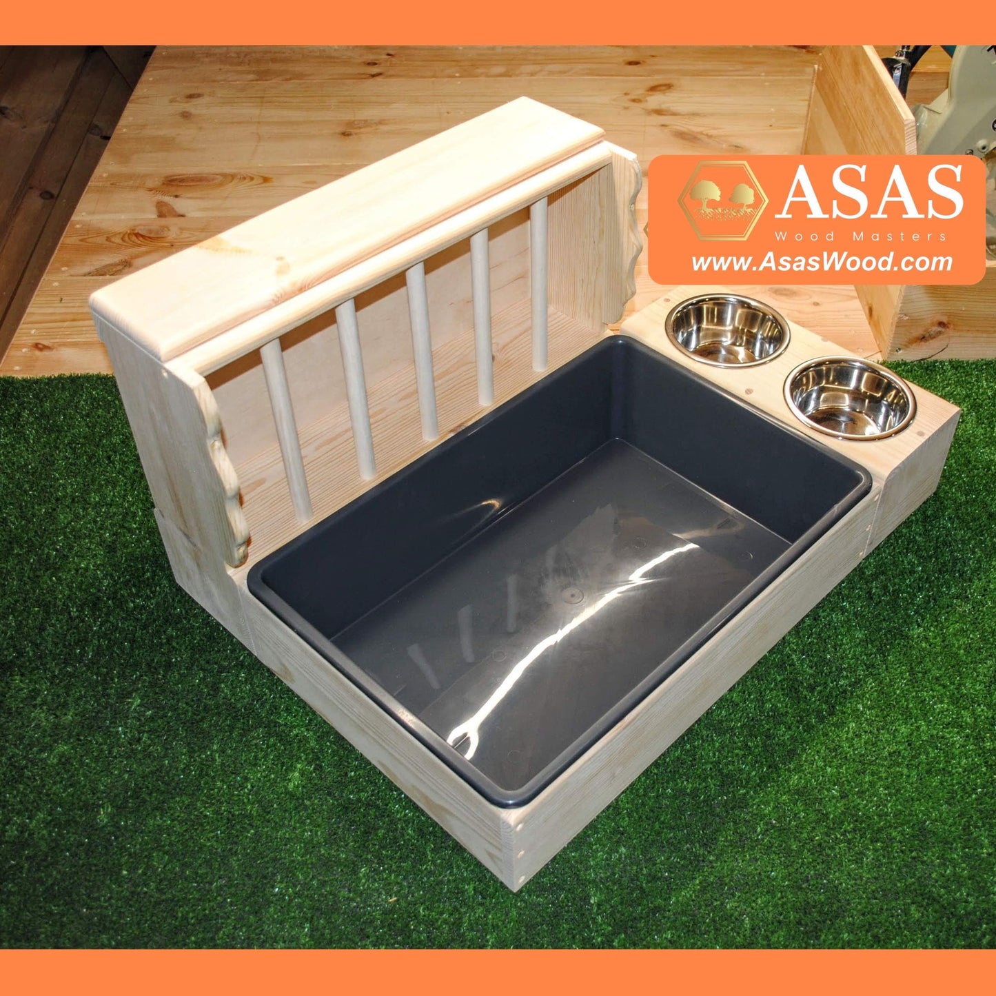 rabbit hay feeder with litter box and food / drink bowls station, large size. Grey color litter tray