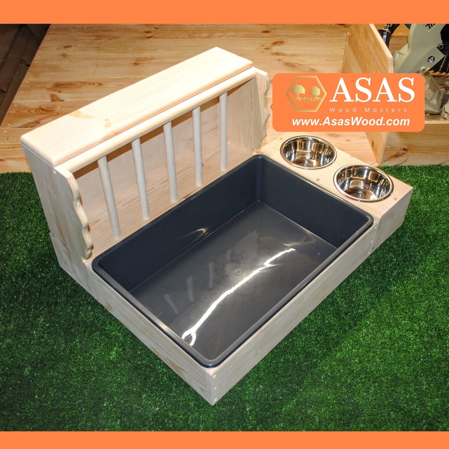 Rabbit hay feeder with litter box large size, dish stand with two metal bowls, made by asaswood
