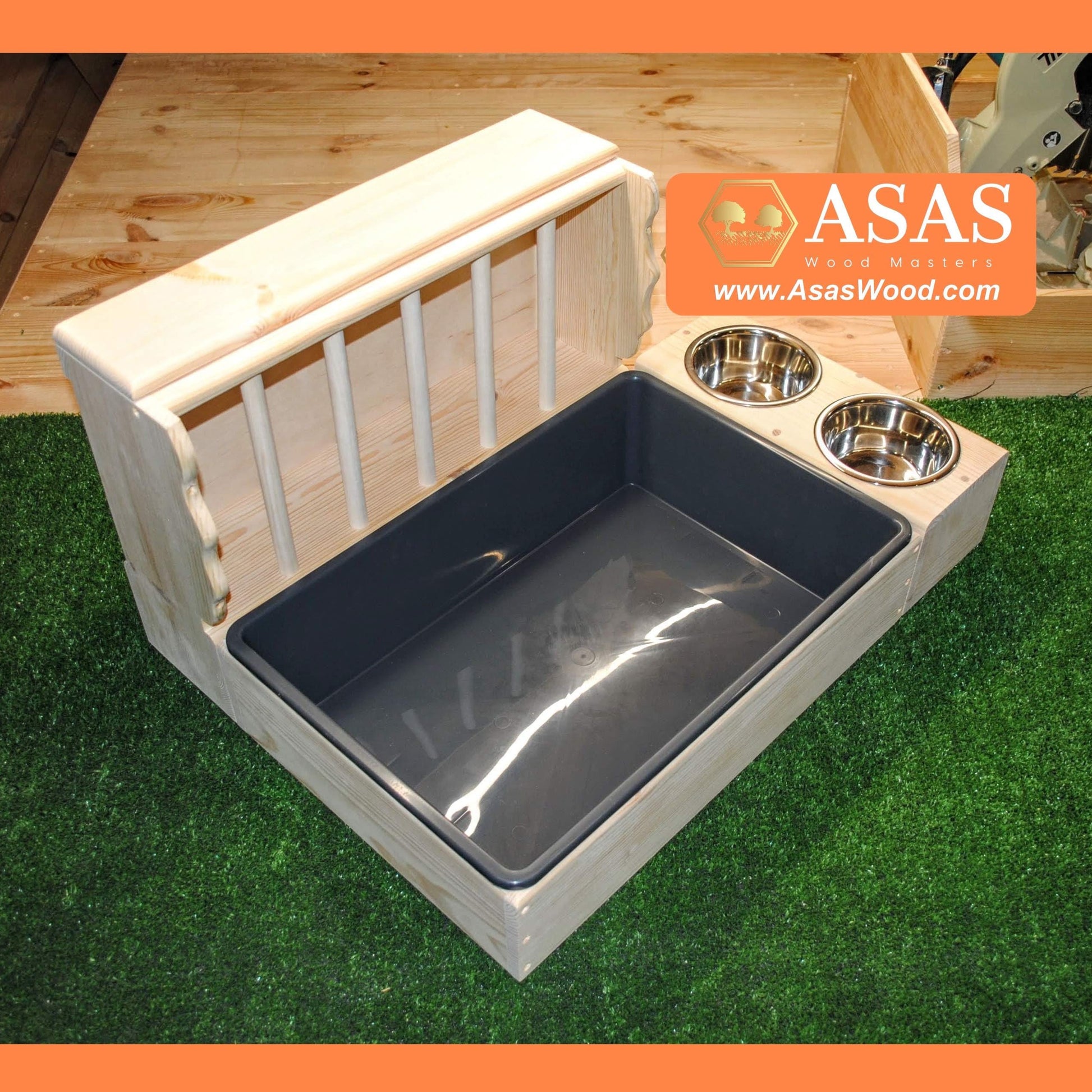 rabbit hay feeder with litter box and dish station, wire mesh insert in the litter box, made by asaswood