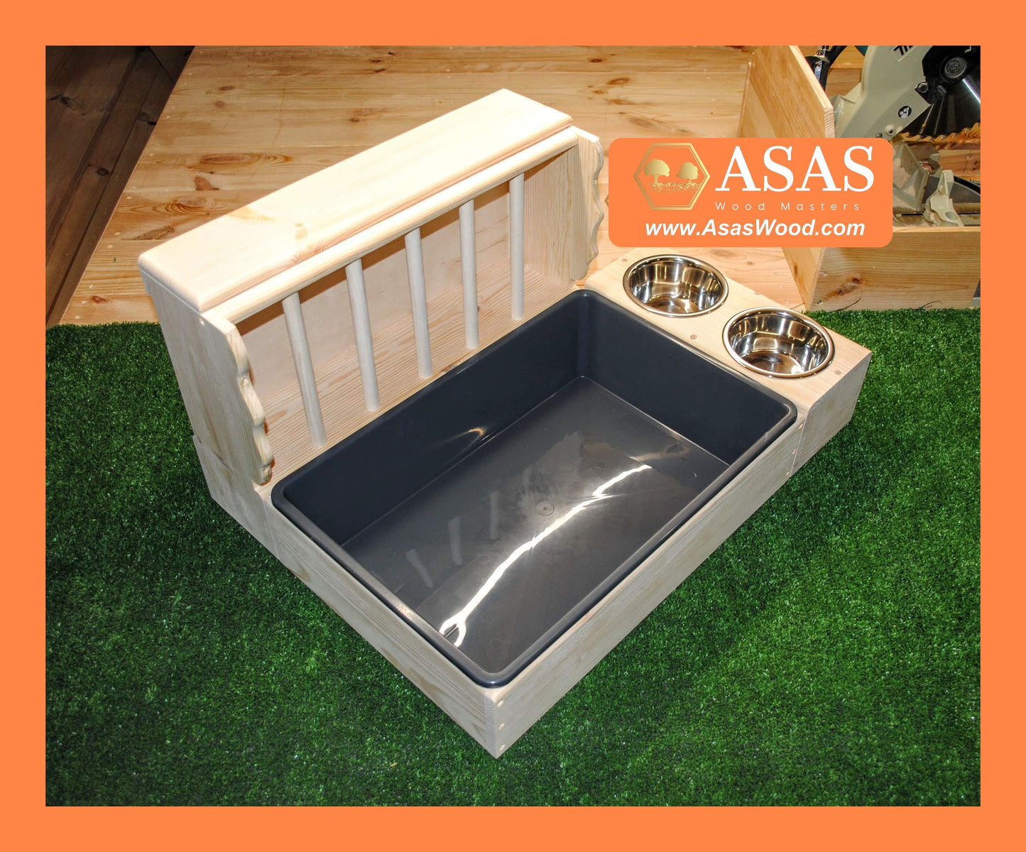 rabbit hay feeder with litter box and food dishes stand, made by asaswood