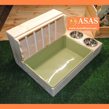 Rabbit hay feeder with litter box large size, dish stand, made by asaswood