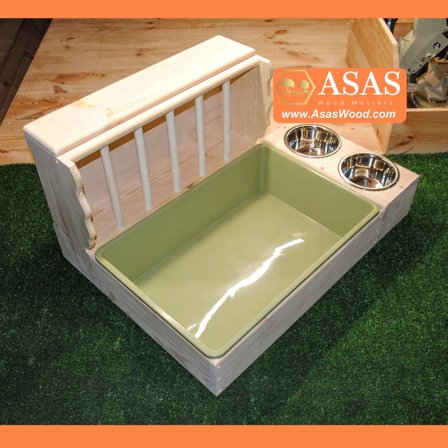 rabbit hay feeder with litter box  and food dishes stand, made by asaswood