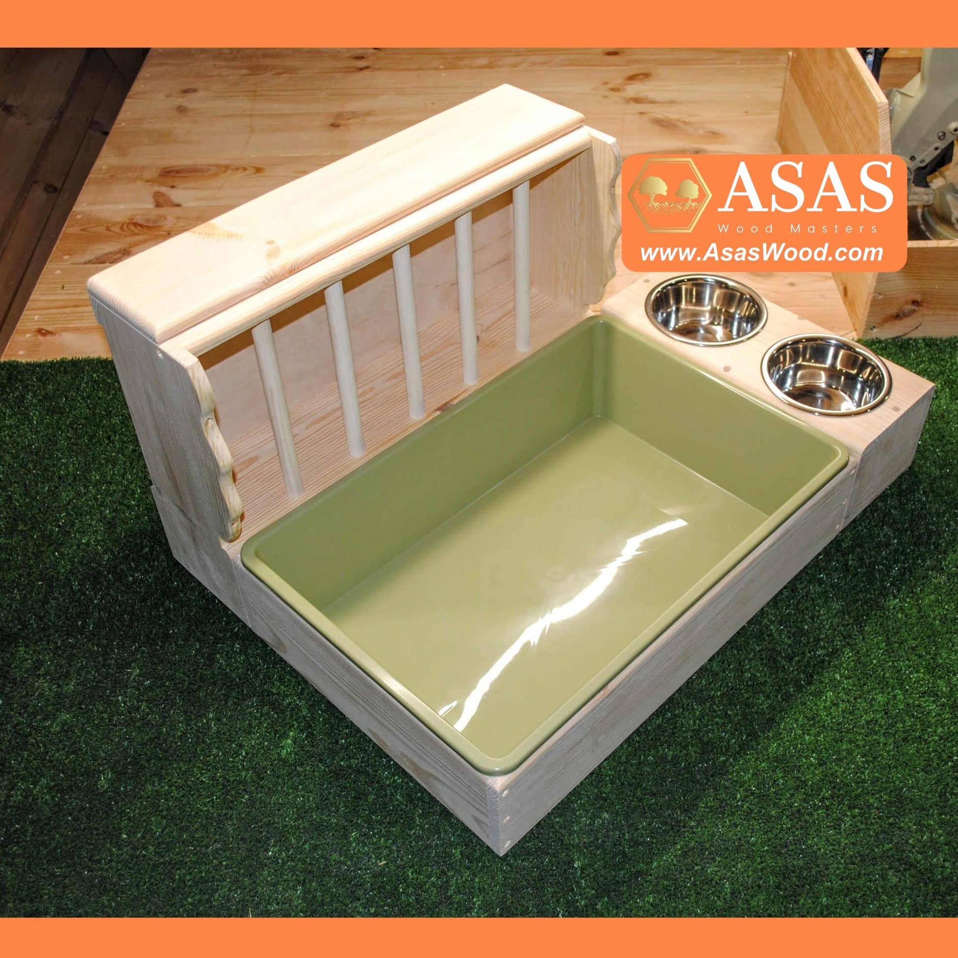 rabbit hay feeder with litter box and food / drink bowls station, large size, green color litter tray