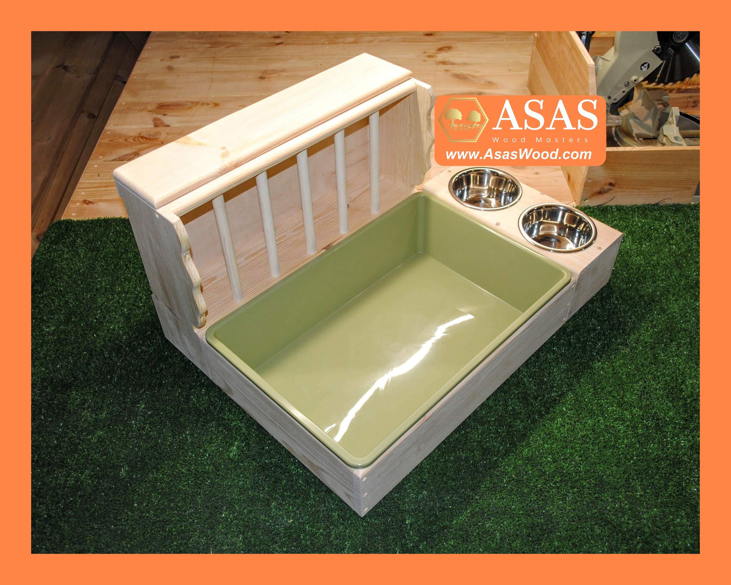 rabbit hay feeder with wooden side hay waste protection, litter box green and rabbit nibble water bottle and food bowl station combo