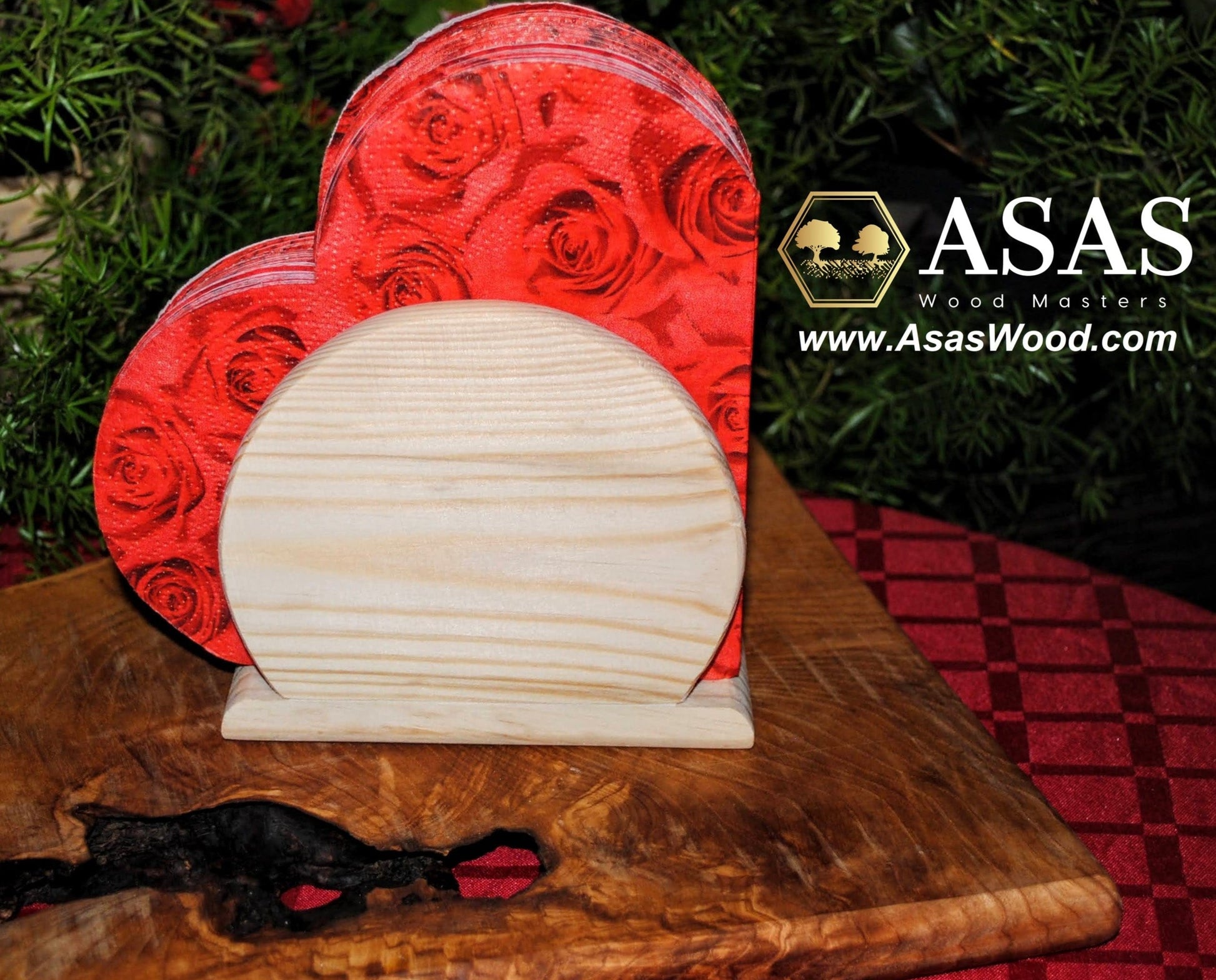 napkin holder wooden handmade with heart shape paper napkins on the table, made by asaswood
